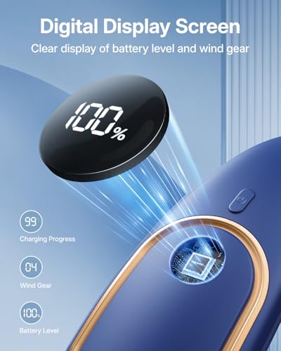 SHEWIND Portable Neck Fan - Hands Free Personal Fan, Rechargeable Bladeless Fan with 5000mAh-Battery, Digital Display, 4 Speeds, Birthday Gifts for Men, Women, Mom, and Dad - Blue